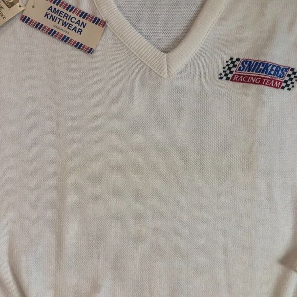 VTG DEADSTOCK Rare Velva Sheen Ivory Cream Snickers Racing V-Neck Sweater Sz XL - Picture 2 of 16